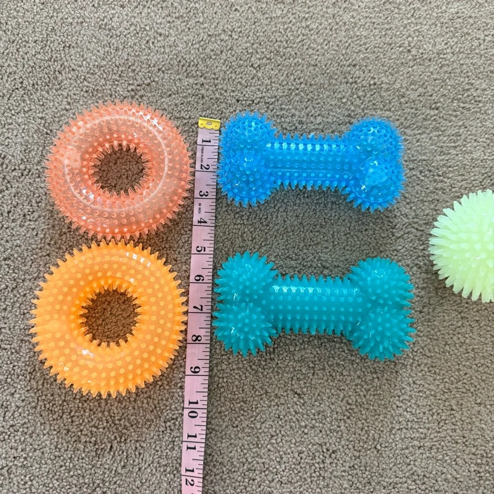 Vibrant Spiky Squeaky Dog Toy Set - Orange, Blue, Green - Set of Five (5)